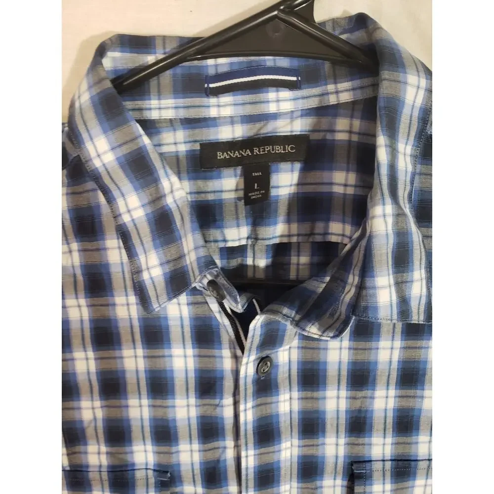 Banana Republic Men’s Large, Button - Up Check Shirt BLUE PLAID Stretch R338